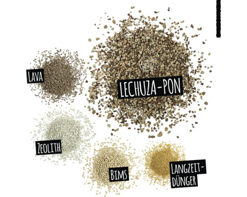 Composants du substrat de plantation LECHUZA-PON: lave, zéolithe, pierre ponce et engrais longue durée