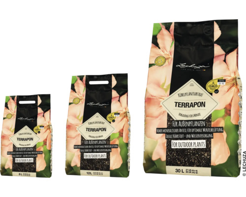Trois sacs de substrat de plantation Lechuza Terrapon pour plantes d''extérieur de différentes tailles