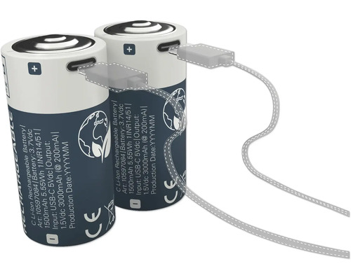 Pile rechargeable LUMAK PRO D Mono 1,5V 6500 mAh Li-ion 2 pièces rechargeables avec prise USB-C
