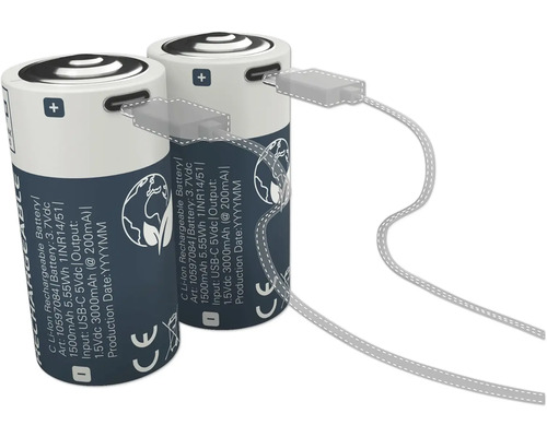 Pile rechargeable LUMAK PRO C Baby 1,5V 3000 mAh Li-ion 2 pièces rechargeables avec prise USB-C