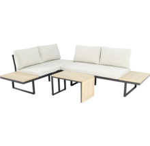 Gartenset mit Ecksofa, Beistelltisch und Ablagefläche aus Metall und Holz