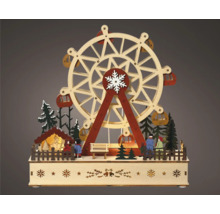Dekorative, hölzerne Jahrmarkt-Szene mit Riesenrad, Bäumen und Figuren