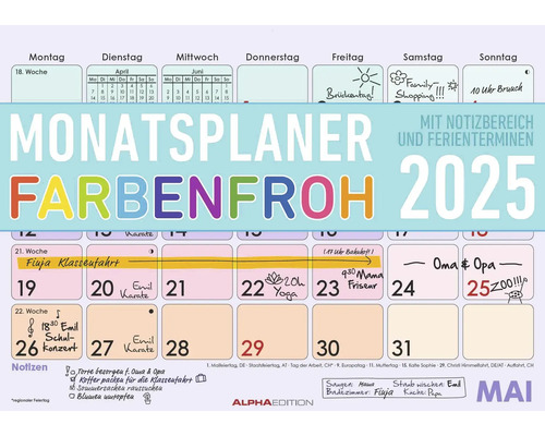 Calendrier mural planificateur de rendez-vous Couleurs gaies 2025 29,7x21 cm