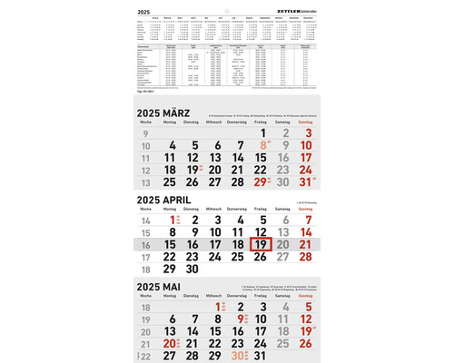 Calendrier mural sur 3 mois rouge/noir 2025 23,7x44,8 cm