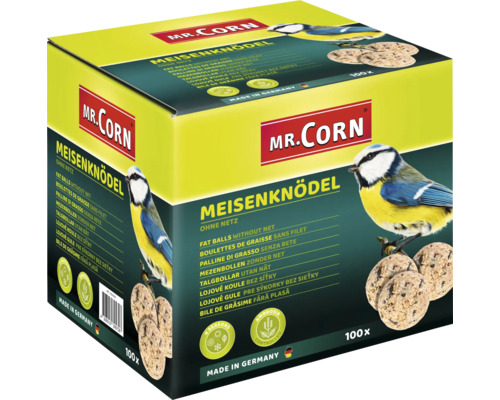 Nourriture pour oiseaux sauvages Mr. Corn 100 pièces sans filet dans un carton nourriture pour oiseaux sauvages toute l'année contrôlées sur ambrosia, Made in Germany Mr. Corn Boules de graisse pour mésanges sans filet, 100 pièces, en carton
