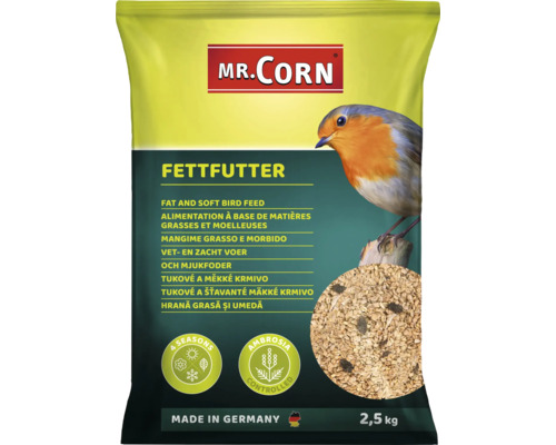Nourriture grasse et molle pour oiseaux Mr. Corn 2.5 kg Mr. Corn nourriture grasse en sac de 2,5 kilogrammes avec une photo d''un rouge-gorge