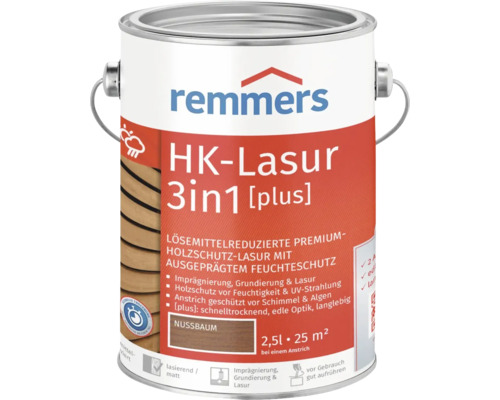 Remmers HK-Lasur 3en1 Lasure de protection du bois, noyer, boîte de 2,5 litres