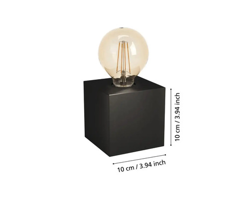Lampe de table décorative avec base cubique et ampoule ronde, dimensions dix centimètres sur dix centimètres