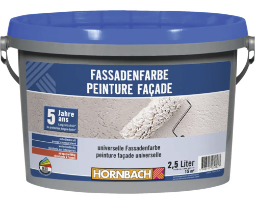 Eimer Fassadenfarbe mit dem Aufdruck 5 Jahre Langzeitschutz und 2,5 Liter Inhalt