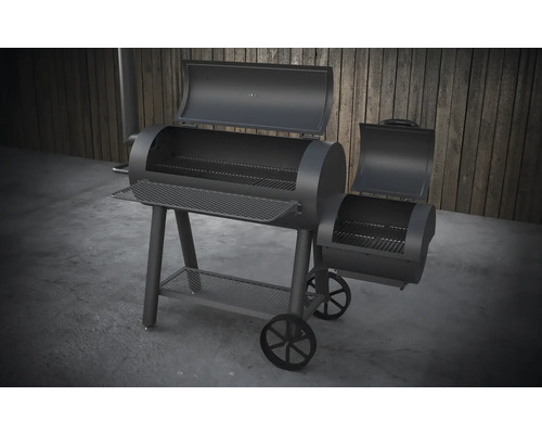 Chariot de grill avec couvercle ouvert et foyer latéral