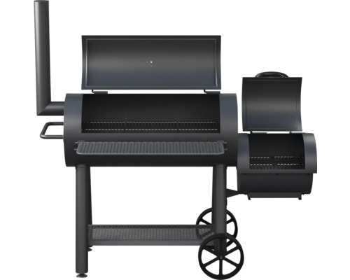 Gril à charbon de bois noir avec foyer latéral et tour à fumée