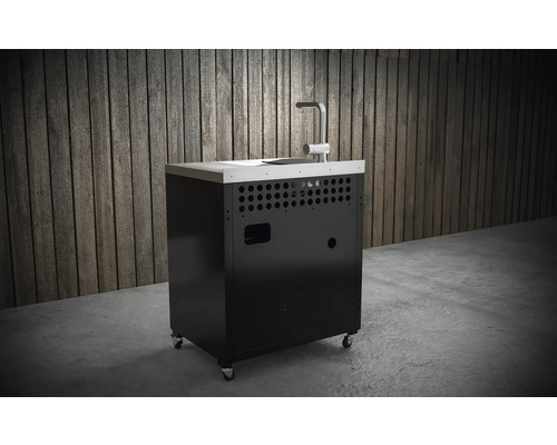 Schwarzer Grillschrank mit Spüle und Wasserhahn