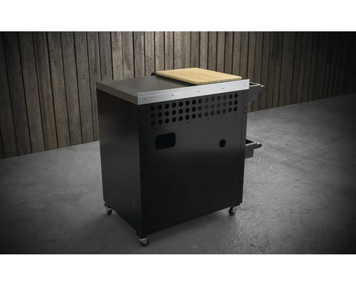 Table de grill noire avec plateau en acier inoxydable et planche à découper en bois