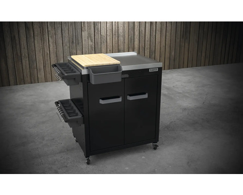 Chariot de grill avec planche à découper, compartiments de rangement et roulettes