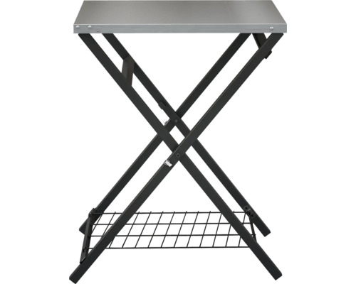 Table pliante avec plateau métallique et grille de rangement