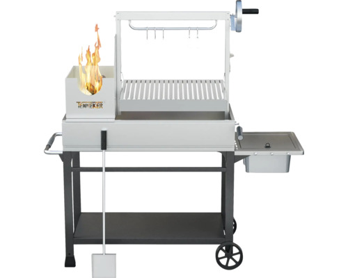 Barbecue à charbon de bois Asado AURORA TW Tenneker® avec deux zones de cuisson, tablette latérale, pierres résistantes à la chaleur et pelle à charbon