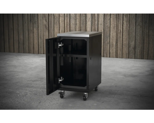 Chariot d''armoire avec plan de travail en acier inoxydable et porte ouverte.