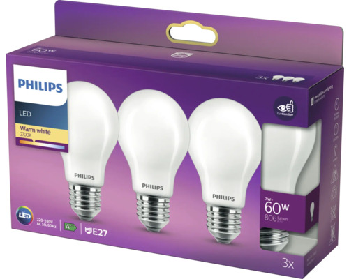 LED Leuchtmittel Philips classic Birnenform 60W E27 Philips LED Lampe E27 60 Watt, Dreierpack