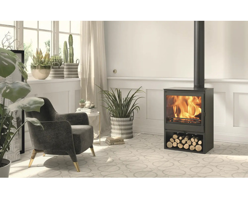 Salon avec poêle à bois, fauteuil et plantes d''intérieur pour une ambiance chaleureuse