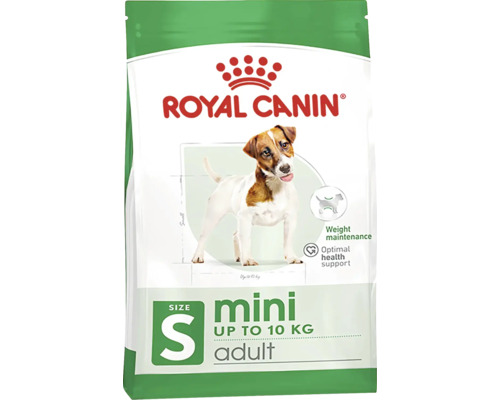 Logo Royal Canin. Emballage Royal Canin Mini Adult nourriture sèche pour chiens jusqu''à 10 kilogrammes pour les petites races. Maintien du poids. Soutien optimal de la santé.