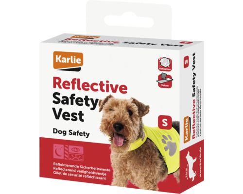 Veste de sécurité Karlie Safety Vest S, jaune réfléchissant, réglable avec fermetures auto-agrippantes, tour de cou env. 24 - -41 cm, tout de poitrine env. 39 - 48 cm Emballage d''un gilet de sécurité réfléchissant pour chien Karlie en taille S