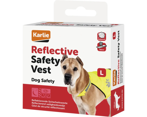 Veste de sécurité Karlie Safety Vest L, jaune réfléchissant, réglable avec fermetures auto-agrippantes, tour de cou env. 43 - 59 cm, tout de poitrine env. 64 - 77 cm Emballage d''un gilet de sécurité réfléchissant Karlie pour chien, taille L