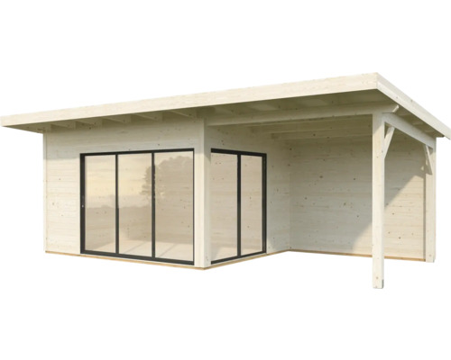 Abri de jardin en bois avec porte coulissante et véranda