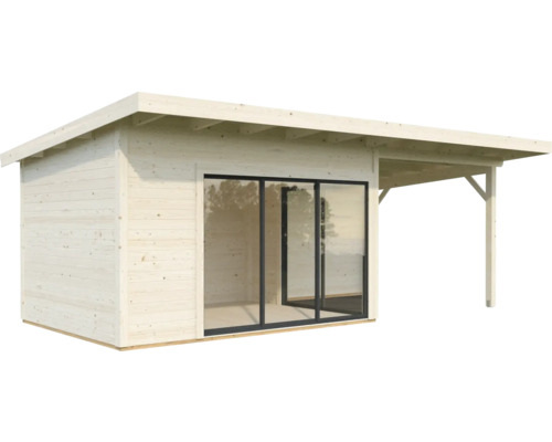 Abri de jardin en bois avec porte coulissante et espace couvert