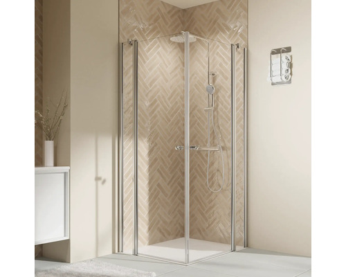 Douche accès d'angle avec porte pivotante BREUER Elana 2.0 Express Q72 100 x 100 x 200 cm profilé chrome verre transparent revêtement en verre résistant à la saleté