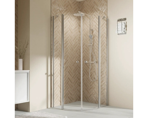 Douche quart de cercle avec porte pivotante BREUER Elana 2.0 Express Q72 90 x 90 x 200 cm profilé chrome verre transparent revêtement en verre résistant à la saleté