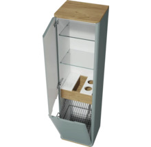 Armoire de salle de bain ouverte avec étagères, tiroir et panier à linge