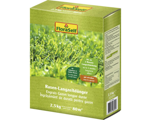 Engrais longue durée pour gazon FloraSelf 2,5 kg / 80 m² Paquet d''engrais gazon longue durée FloraSelf, contenu 2,5 kilogrammes pour 80 mètres carrés de pelouse