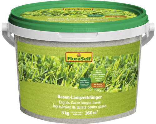 Engrais longue durée pour gazon FloraSelf 5 kg / 160 m² Engrais gazon longue durée en seau, 5 kilogrammes, pour jusqu''à 160 mètres carrés