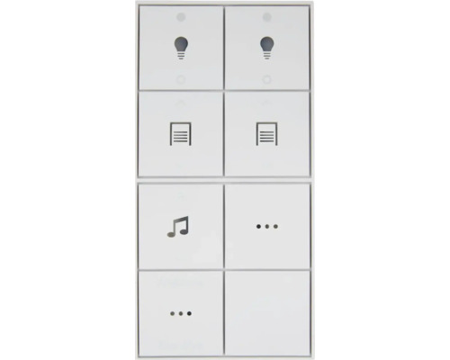 Commande Smart Home blanche avec symboles pour la lumière, la porte de garage et la musique