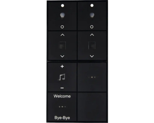 Schwarzer Smart Home Wandschalter mit verschiedenen Bedienelementen.