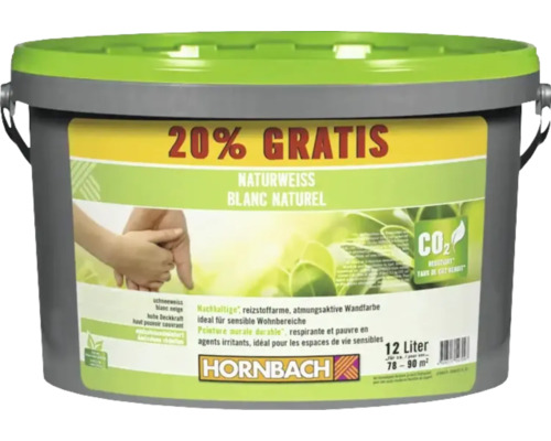HORNBACH Naturweiss konservierungsmittelfrei weiss 12 L +20% Seau de peinture murale blanc naturel avec 20% de contenu gratuit