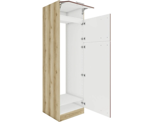 Meuble de cuisine ouvert avec effet bois et intérieurs blancs pour le rangement