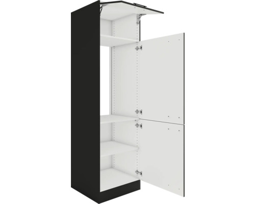 Armoire haute de cuisine ouverte avec étagères.