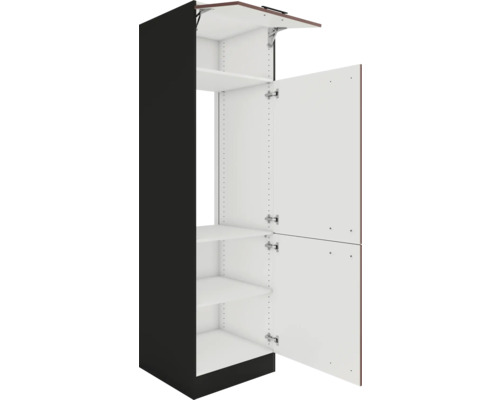 Armoire de cuisine haute avec étagères et portes ouvertes