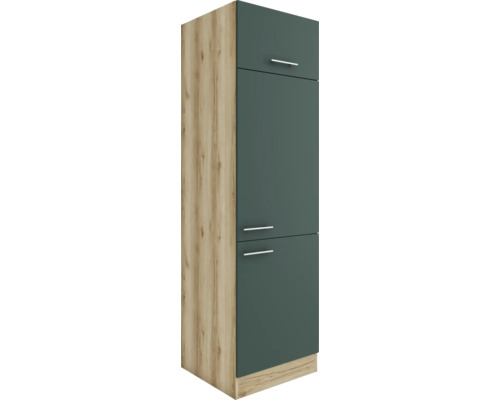 Optifit Armoire réfrigérée pour réfrigérateur encastrable 88 Savona405 LxPxH 60 x 57,1 x 206,8 cm Couleur de la façade vert mat Couleur du corps chêne sauvage Butée réversible (montage à gauche ou à droite) Armoire de cuisine avec deux portes et poignées