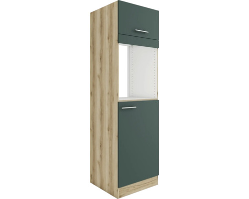 Armoire haute pour four Optifit avec porte Armoire pour réfrigérateur encastré 158 Savona405 lxpxh 60 x 57,1 x 206,8 cm vert mat démonté tirant réversible (montage à gauche ou à droite) Meuble de cuisine avec deux portes et une étagère ouverte