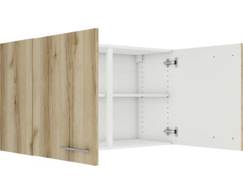 Armoire suspendue avec deux portes, structure en bois et étagères intérieures.