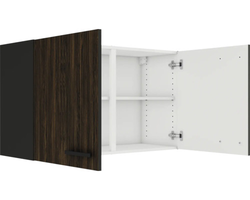 Armoire suspendue ouverte avec deux étagères et une porte avec décor en bois