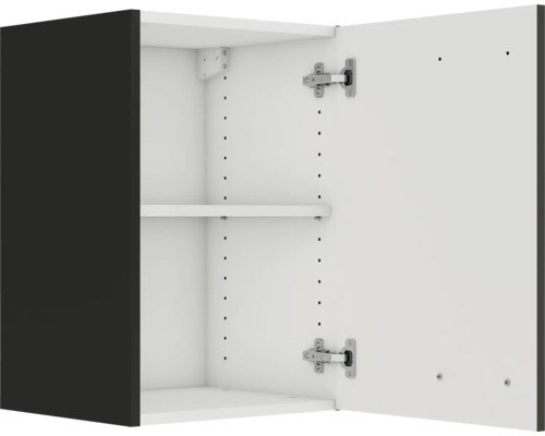 Élément haut de cuisine ouvert avec étagère et porte noire