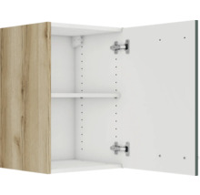 Offener Hängeschrank mit Regalen und Holztür
