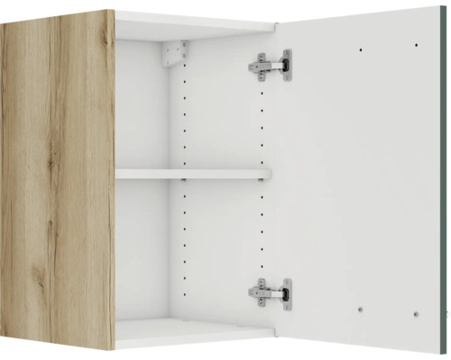 Armoire haute ouverte avec étagères et porte en bois