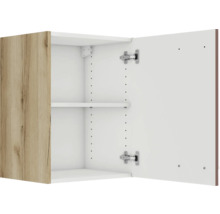 Élément haut ouvert avec une porte aspect bois et des étagères