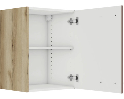 Élément haut ouvert avec une porte aspect bois et des étagères