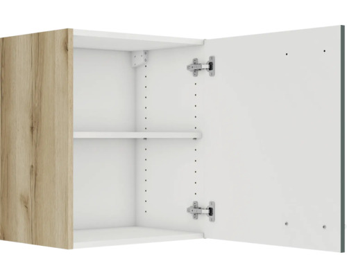 Élément haut ouvert avec deux étagères et une porte à décor bois