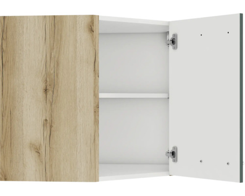 Armoire suspendue avec une porte aspect bois et une porte de couleur neutre, intérieur avec étagères